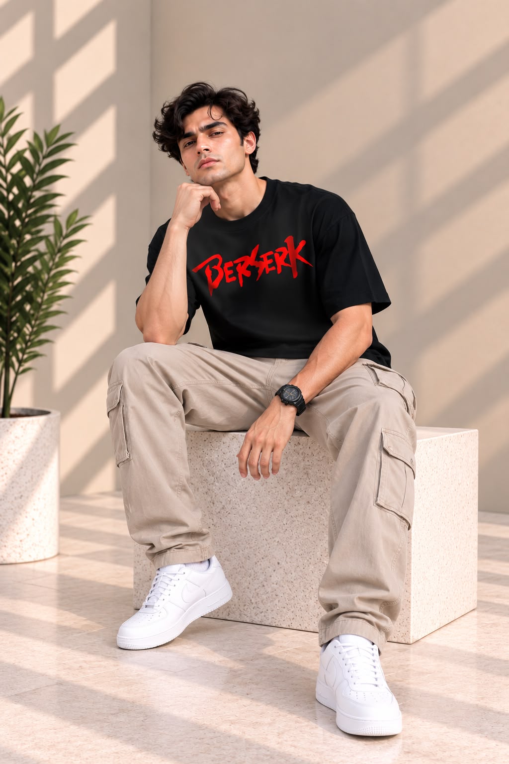 Model wearing TIM Clothing Berserk black oversized graphic T-shirt