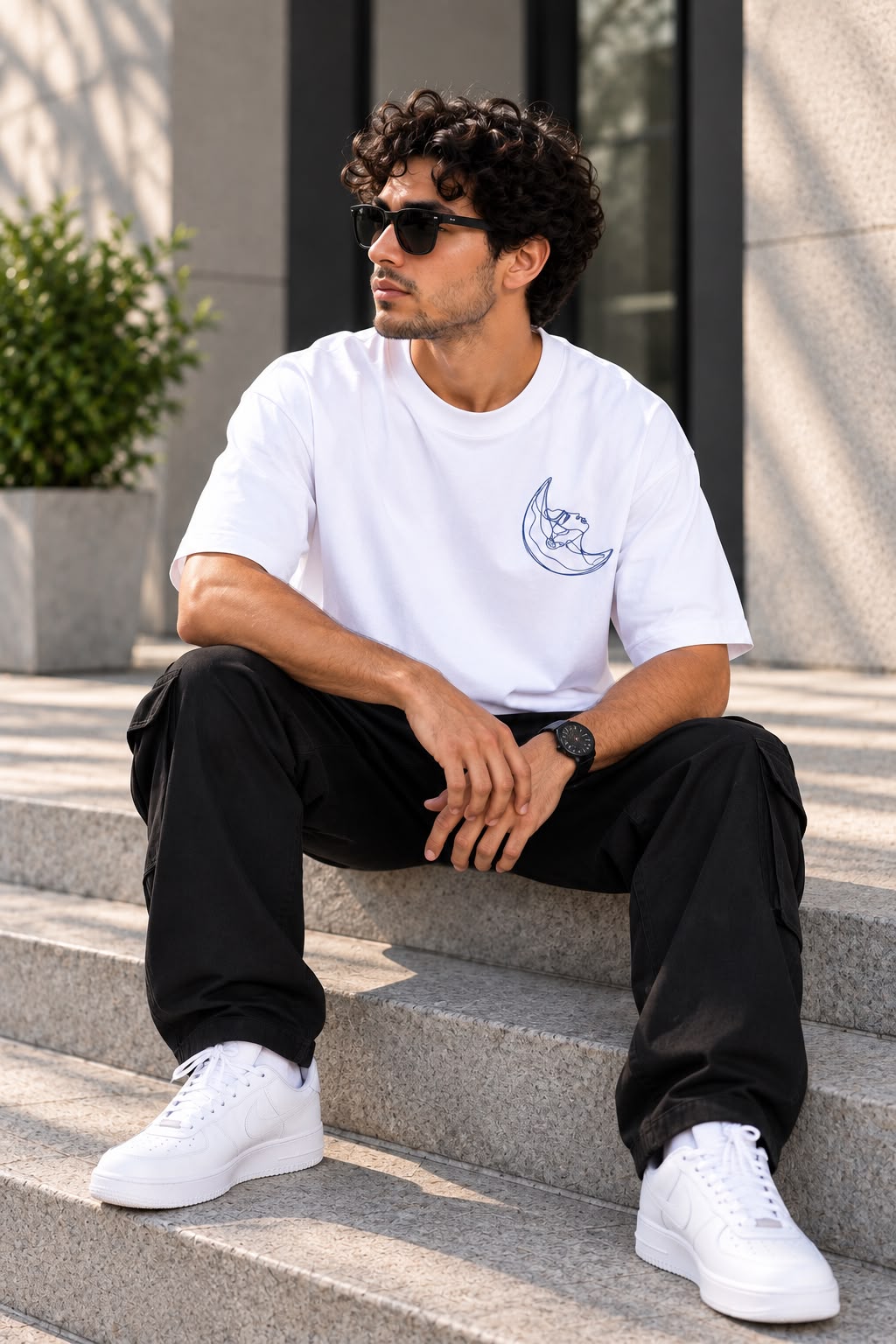 Front view of TIM Clothing white oversized T-shirt with minimal blue moon graphic