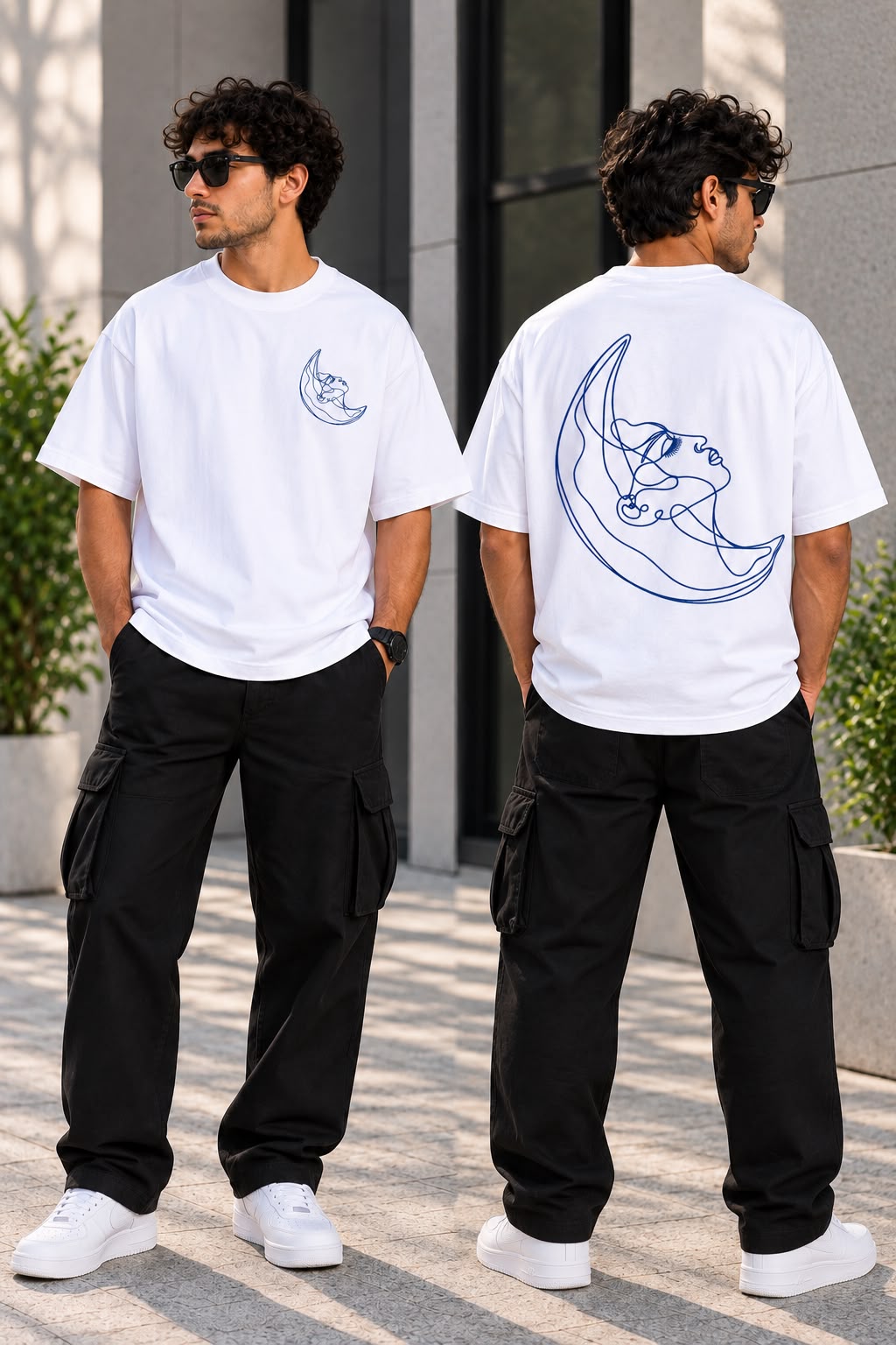 White oversized TIM Clothing T-shirt featuring blue moon line art chest graphic