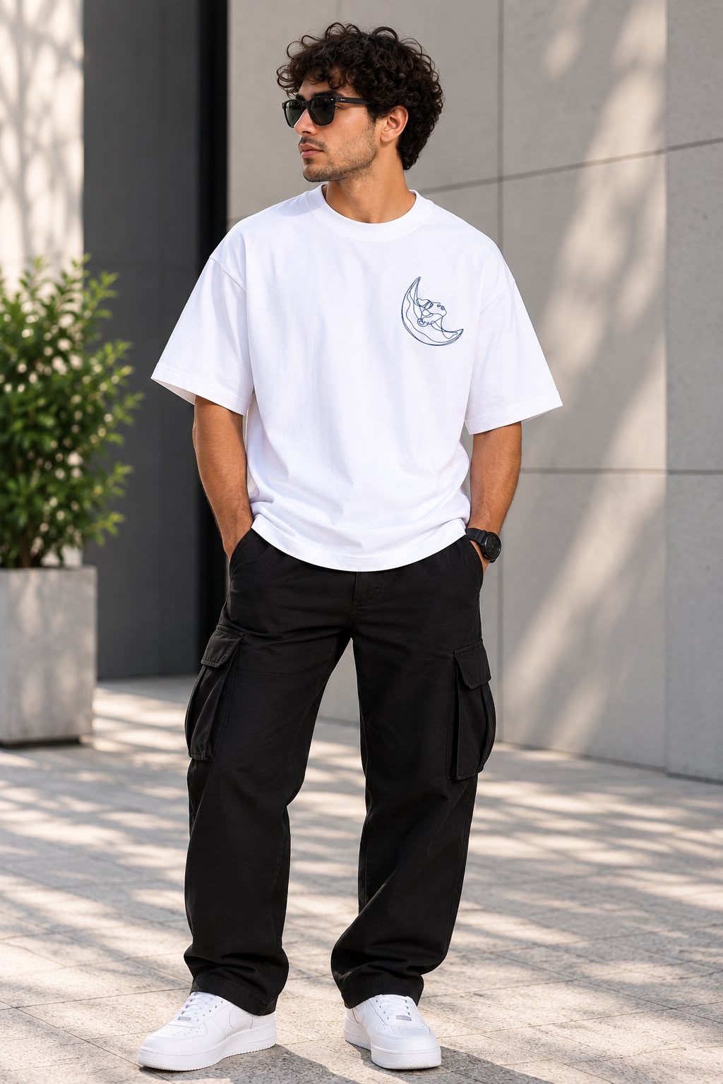 Front and back view of TIM Clothing Moon Muse white oversized graphic T-shirt