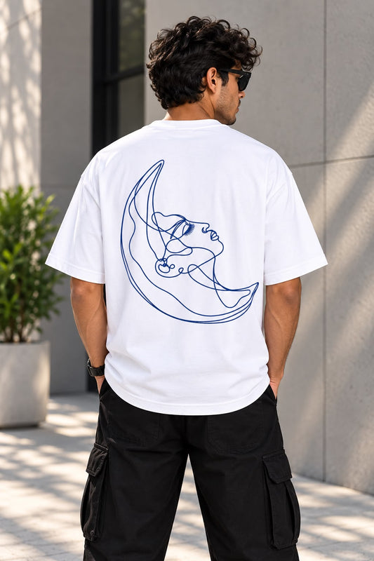 Back view of TIM Clothing Moon Muse white oversized T-shirt with blue moon line art graphic