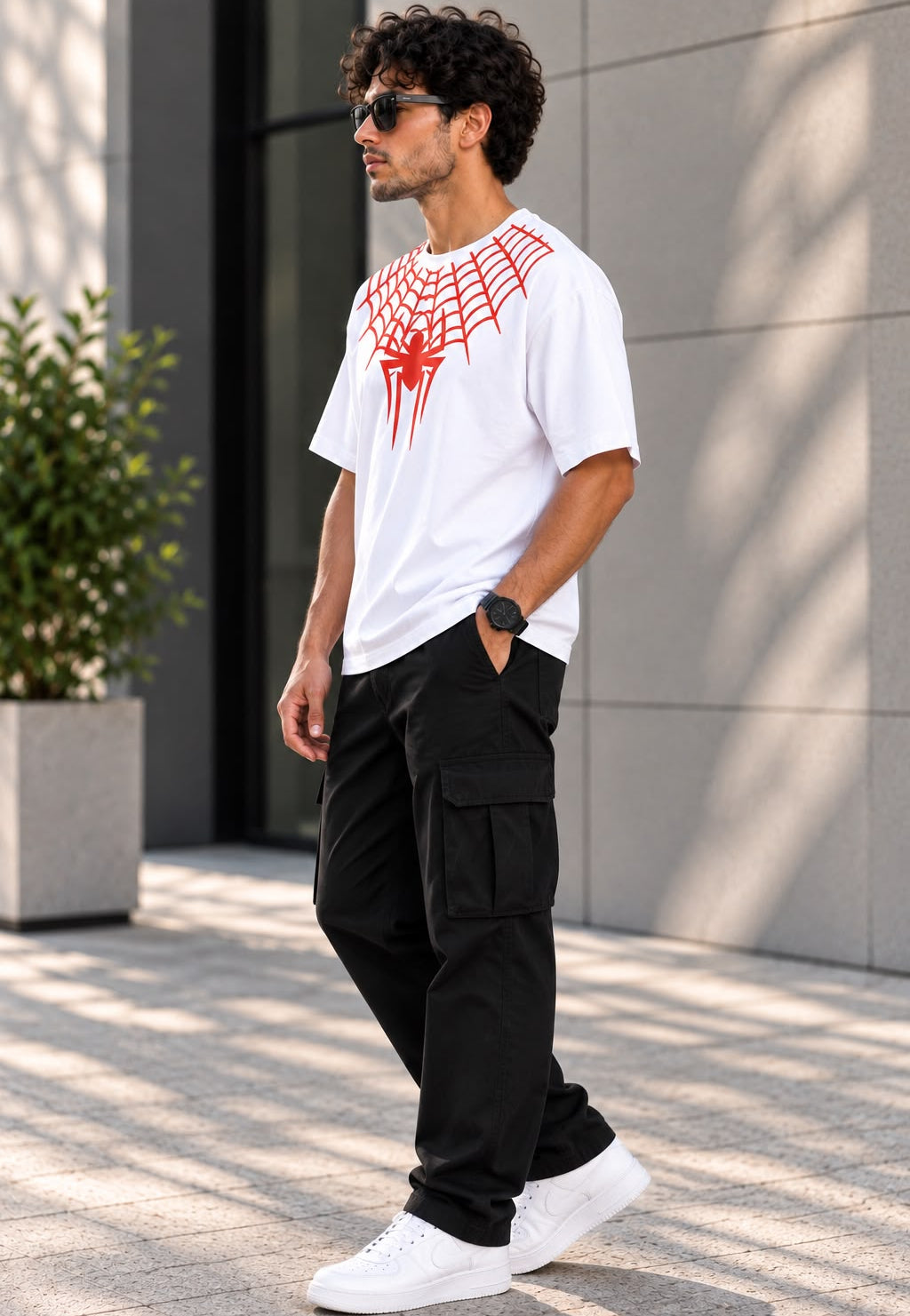 Front and back view of TIM Clothing white oversized spider graphic T-shirt