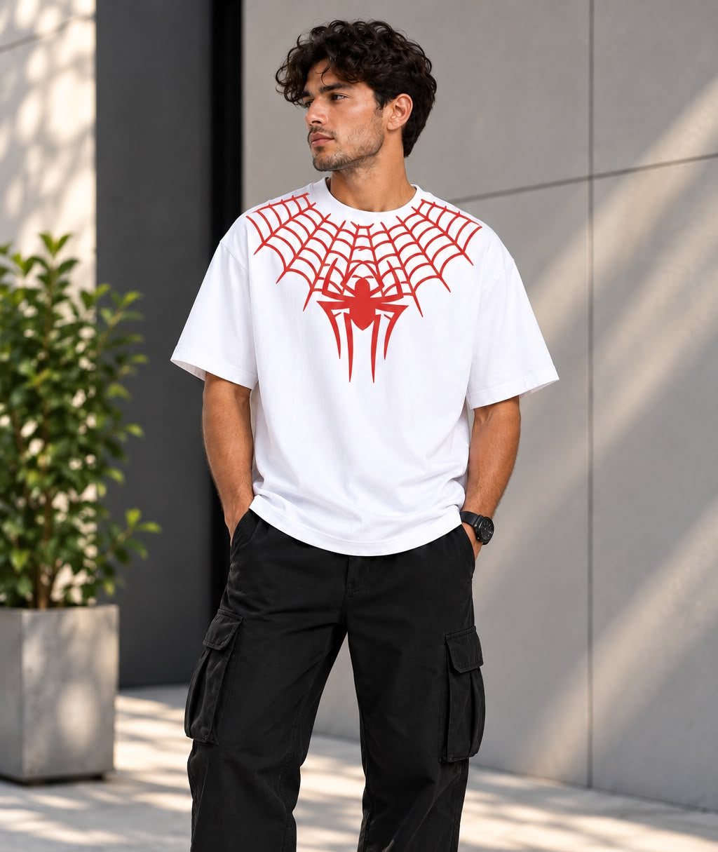 TIM Clothing white oversized graphic T-shirt with red spider web print side view