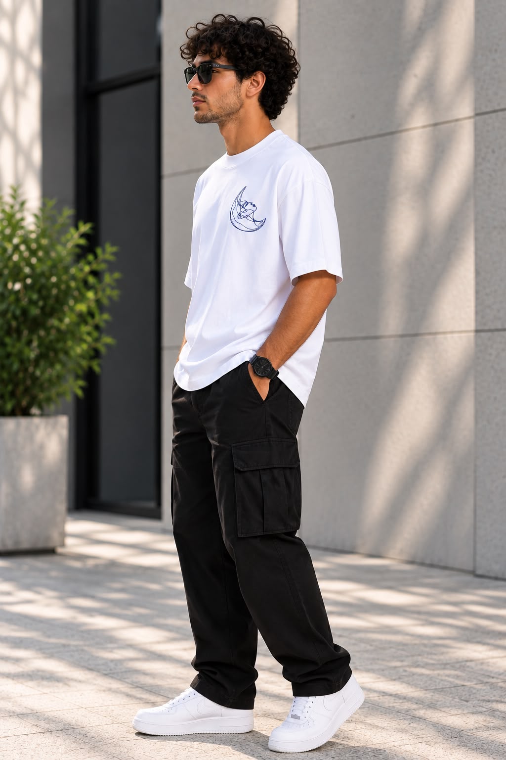TIM Clothing white oversized graphic T-shirt with minimal blue moon chest print
