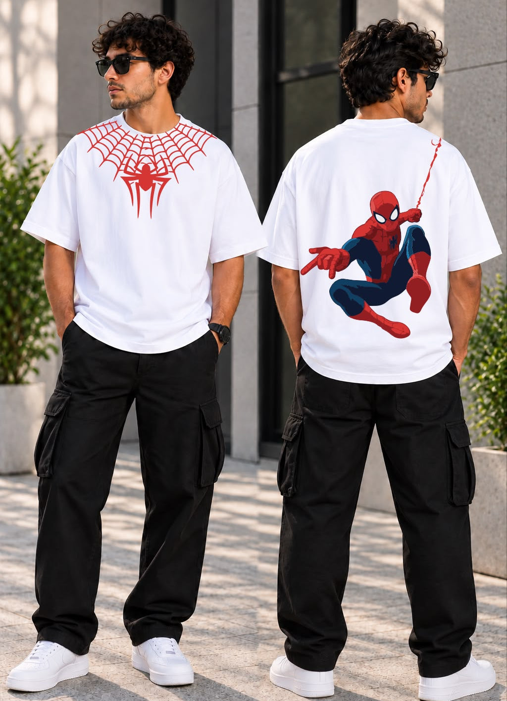 Model wearing TIM Clothing white spider web oversized graphic tee